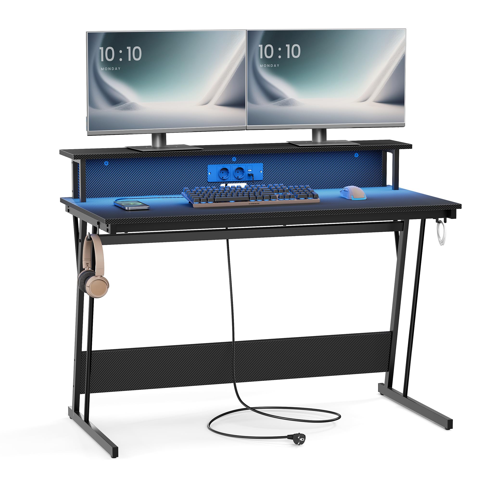 VASAGLE Schreibtisch, Gaming Tisch mit eingebauter Steckdosenleiste, Computertisch, mit Monitorständer für 2 Monitore, Schlafzimmer, 60 x 120 x 76 cm, rußschwarz LWD192B02