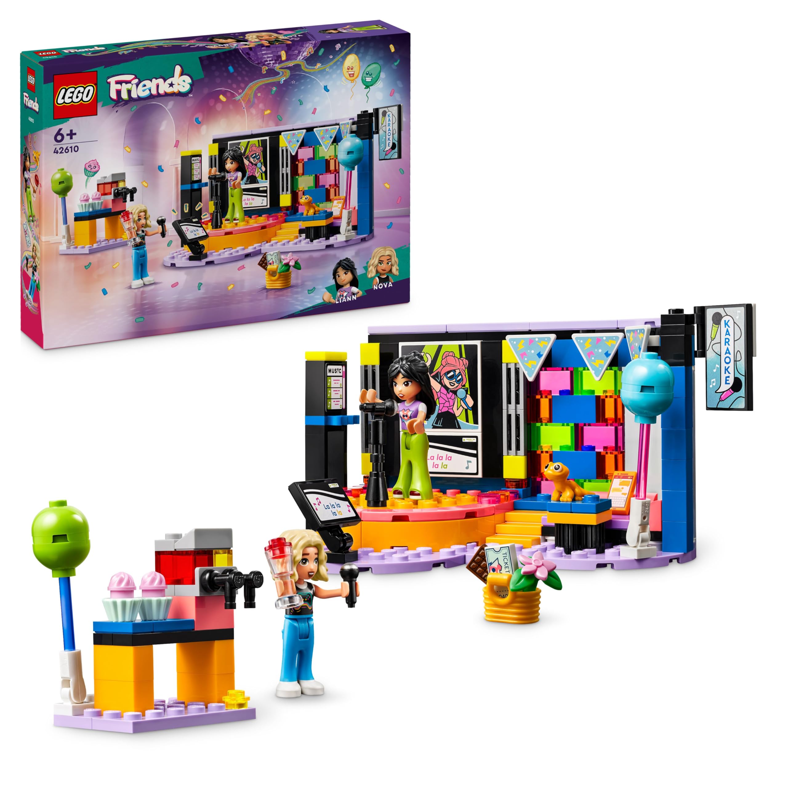 LEGO Friends Karaoke Music Party Set, Musical Toy for 6 Plus Year Old Girls, Boys and Kids Who Love Singing, Pretend Play with Minidoll Characters Nova and Liann, plus Microphones, Gift Idea 42610