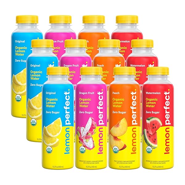 LEMON PERFECT 4-FLAVOR VARIETY PACK, HYDRATING FLAVORED LEMON WATER, ZERO SUGAR, DELICIOUS AND REFRESHING, ORGANIC, 15.2 FL OZ BOTTLES (12-PACK)
