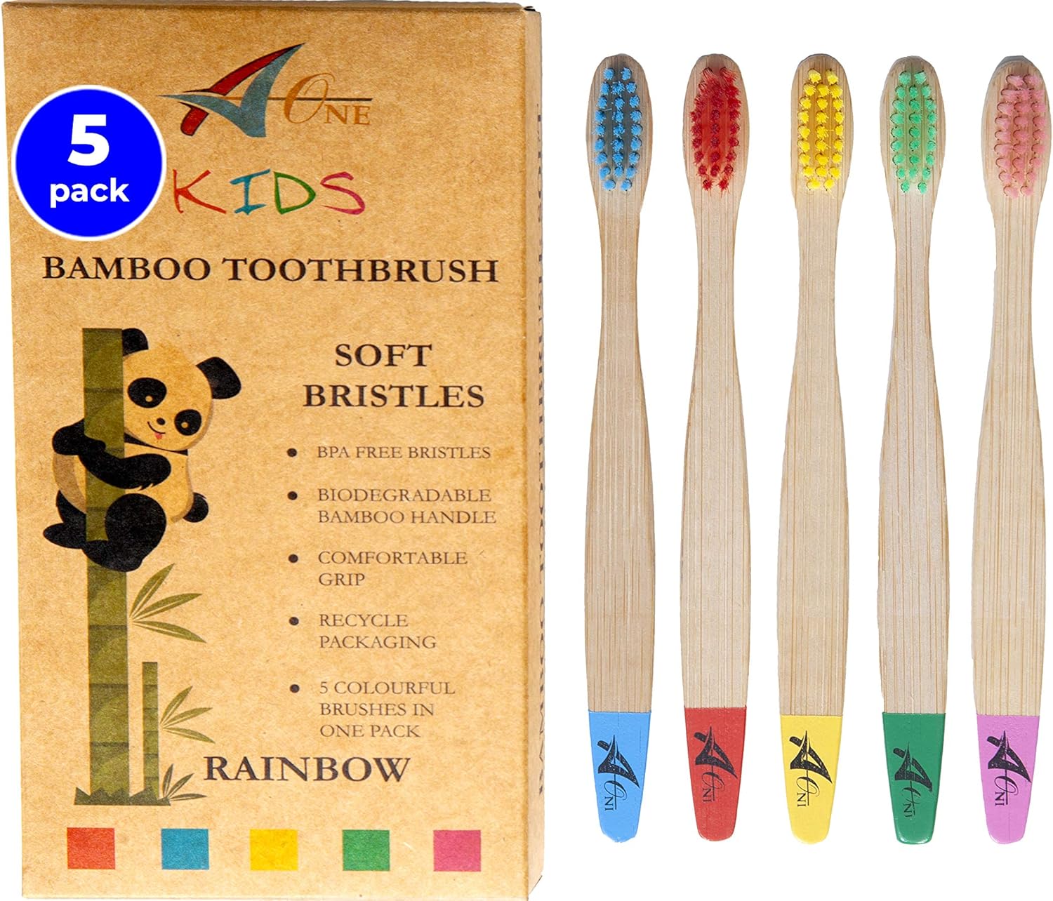 Kids Bamboo Toothbrushes Organic & EcoFriendly 5 Pack in Rainbow