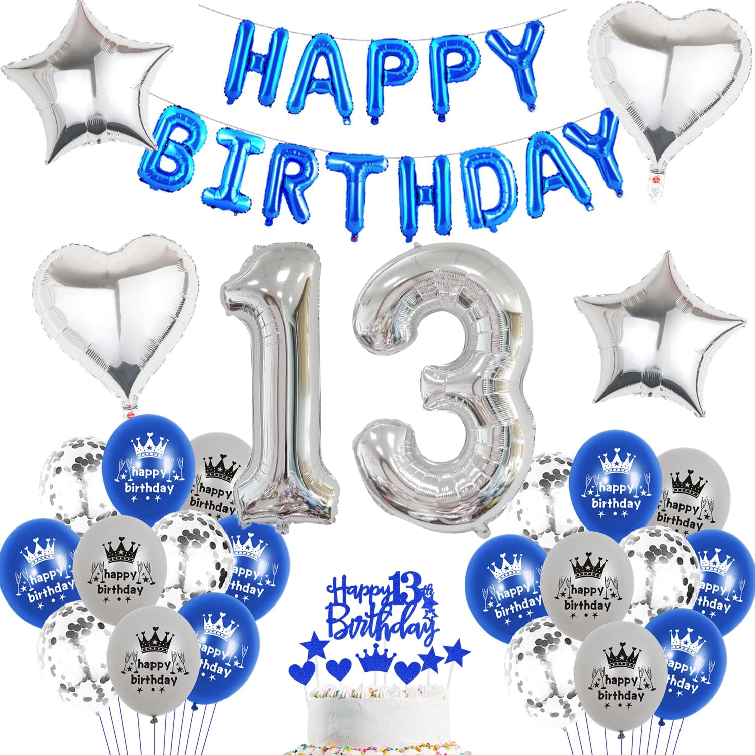13th Birthday Decoration Blue Silver Boys Set, Birthday Decoration Boys Blue White Set 13 Years, Children's Birthday Decoration Blue Silver 13 Year for Boys Happy Birthday Garland