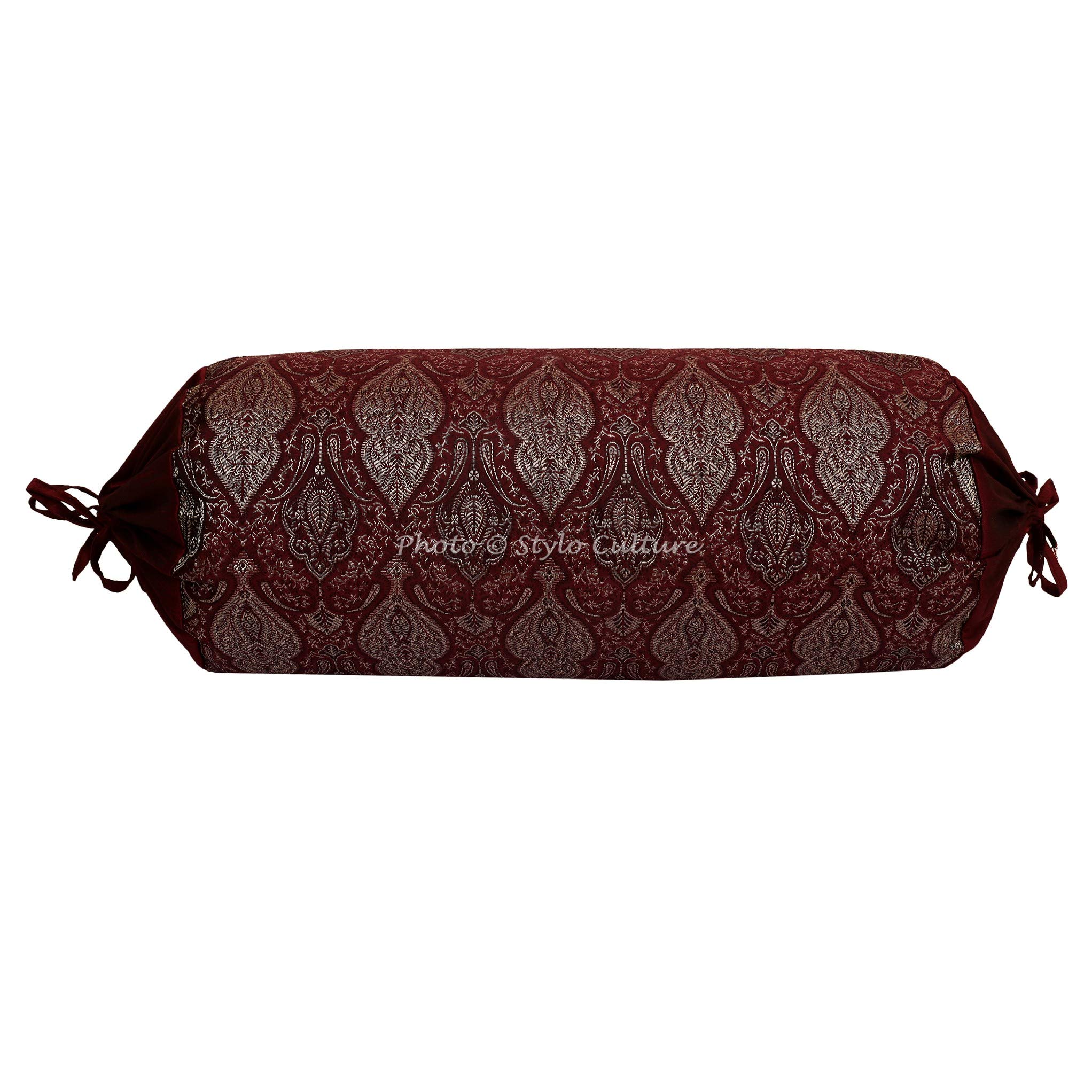 Stylo Culture Indian Polydupion Cylindrical Yoga Bolster Pillow Case Maroon Brocade Jacquard Damask Large Sofa Round Cylinder Cushion Cover (1 Pc) | 30x15 Inches (76x38 cm)
