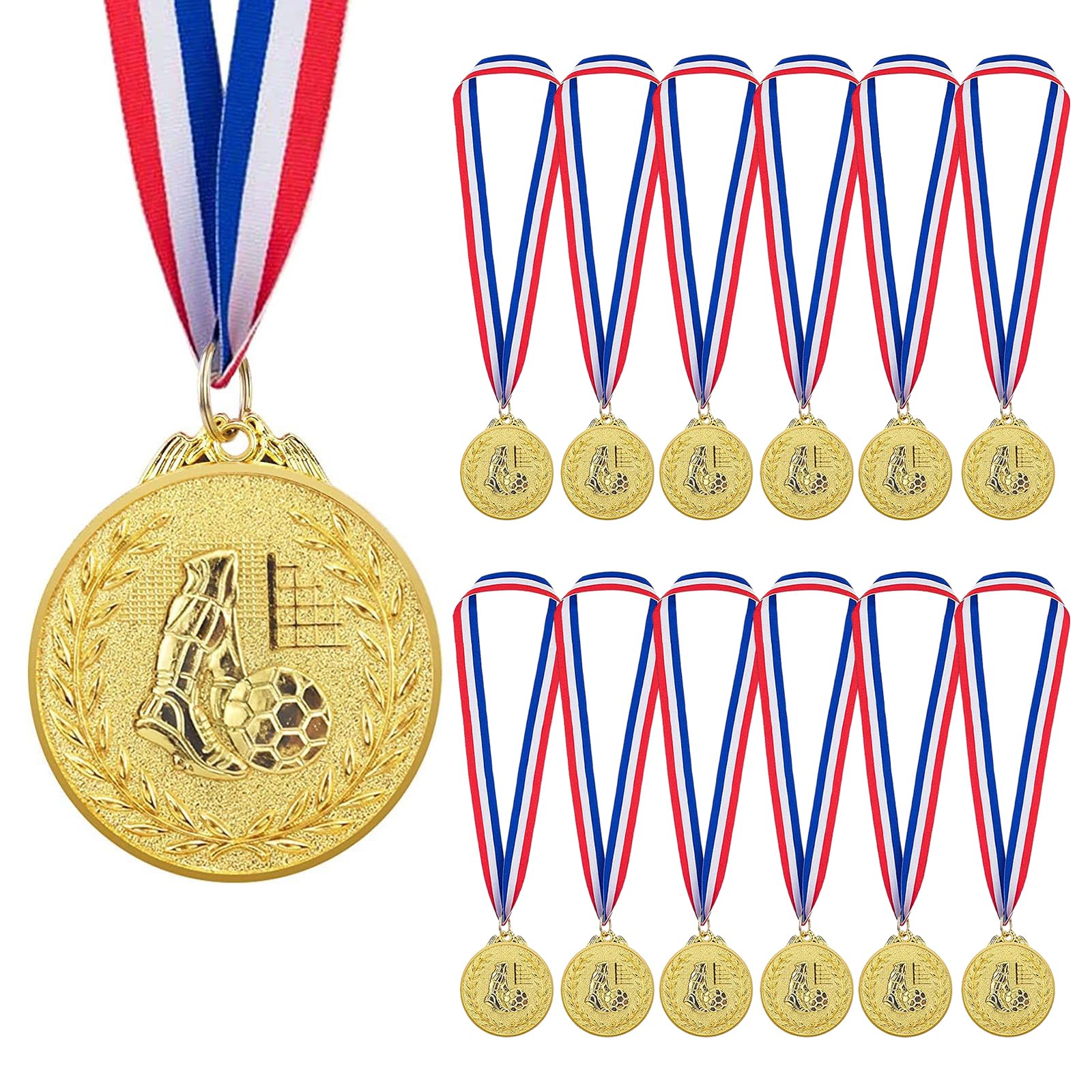 Vueinrg 12 Pieces Football Medals for Kids Gold Metal Medal with Tricolour Nylon Ribbon Gold Soccer Medal for Children Games Party Favors Prizes Awards Adults Team Gifts