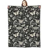 VODRM Moth Blanket Classic Vintage Goth Throw Blankets Gifts for Women Lightweight Soft Fleece Cozy for Halloween Sofa Couch Bed Room Travel Birthday Decor Black White Floral Flower Design 50x60in
