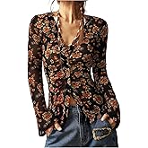 SOLY HUX Women's Long Sleeve Shirts Boho Floral Print Blouses Button Down V Neck Fitted Tops
