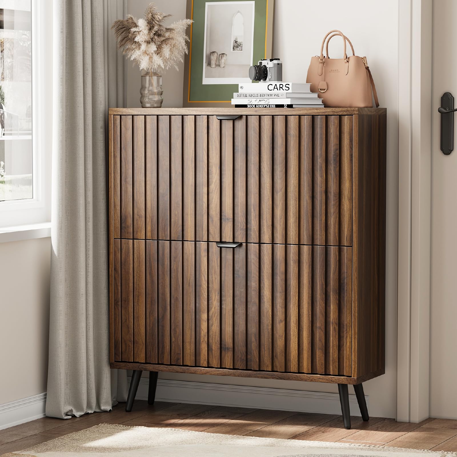 Photo 1 of ***DAMAGED - INCOMPLETE - MISSING HARDWARE - SEE PICTURES***
Shoe Storage Cabinet, Fluted Shoe Cabinet Storage for Entryway, Walnut Hidden Shoe Cabinet with Metal Legs,Shoe Organizer Cabinet with Flip Doors, Slim Entryway Shoe Storage Cabinet ?31.5in?