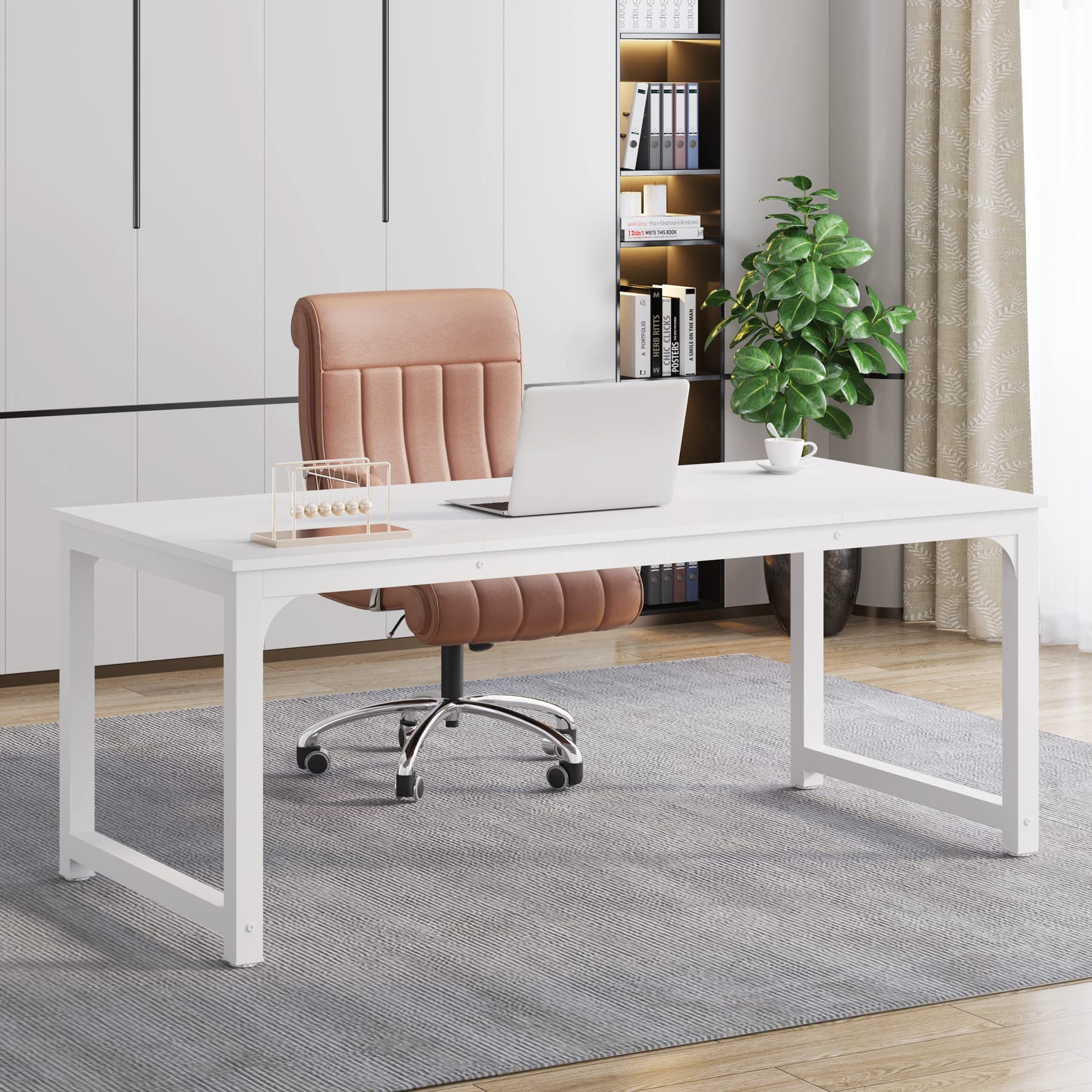 Photo 1 of (UNKOWN SCREWS MISSING*) Tribesigns Modern Computer Desk, 63 x 31.5 inch Large Executive Office Desk Computer Table Study Writing Desk Workstation for Home Office, Spliced Desktop, White