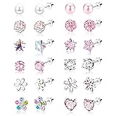 SAILIMUE 12 Pairs Hypoallergenic Screw Back Earrings for Women Girls Surgical Steel Cute Heart CZ Flower Pearl Ball Tiny Screwback Stud Earring
