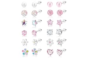 SAILIMUE 12 Pairs Hypoallergenic Screw Back Earrings for Women Girls Surgical Steel Cute Heart CZ Flower Pearl Ball Tiny Screwback Stud Earring