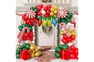 ADOINBY 172Pcs Christmas Balloons Garland Arch Kit - Red White Dark Green Metallic Gold Balloons with Christmas Light Bulb Candy Cane Gift Box Red Candy Party Balloons for Christmass Party Decorations