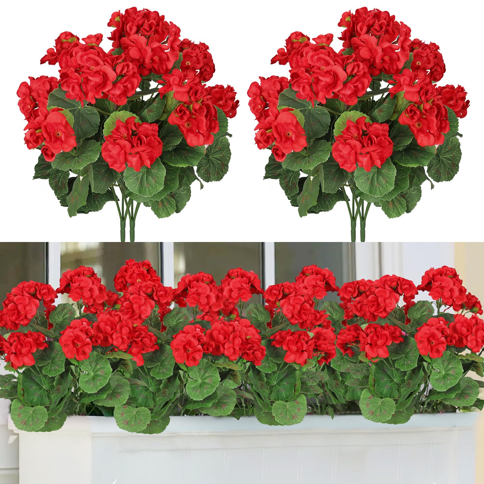 TOCHGREEN Artificial Red Geranium Silk Flowers Outdoor Plant Bush 2 ...