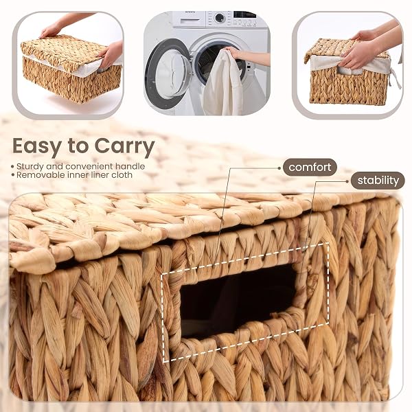 WICKER BASKET WITH LID, HANDWOVEN WICKER TOY BOX WITH SCALLOPED EDGES, RECTANGULAR STORAGE BIN FOR PICNIC & SHELVES W/HANDLES, WATER HYACINTH BASKET WITH LINER & DIVIDER – 15.2L X 11.2W X 7.4H IN
