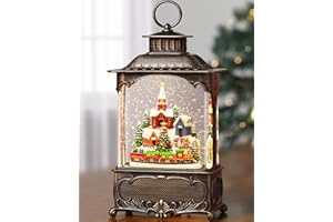Gorrzai Christmas Snow Globes Village Snow Globe Lantern, Lighted Christmas Decorations Indoor with Music Timer Swirling Glitter, Light Up Musical Church Train Mountain Decor, USB or Battery Operated