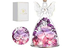 Tiaronics Christmas Rose Gifts for Women Preserved Real Flower in Glass Angel Figurines Roses for Delivery Prime Birthday Gifts for Mom Grandma Girlfriend Wife Her, Pinkpurpurple