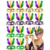 MOUNTCLIM 12-Pack Feather Mardi Gras Mask Set, Feather Masquerade Masks Elegant Purple, Green Gold Carnival Masks for Women's Costume Party