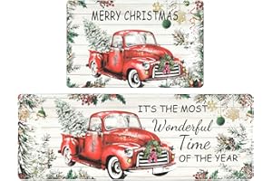 Ileading Red Truck Xmas Tree Kitchen Rugs and Mats Set of 2 Merry Christmas Anti Fatigue Kitchen Floor Mat Farmhouse Wood Grain Comfort Standing Mat Waterproof Kitchen Sink Mat for Floor Kitchen Home
