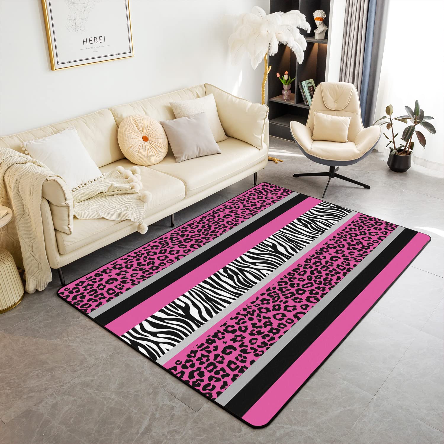 Loussiesd Leopard Living Room Rugs Area Rug Pink Black White Stripe Accent Rug Set for Cheetah Indoor Floor Mat Non-slip Safari Animal Zebra Print Non Slip Area Runner Rug 100 * 150cm
