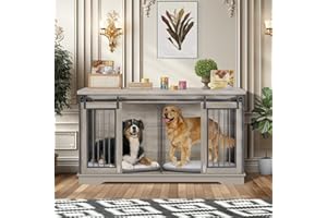 Yafylly 2-in-1 Double Dog Crate Furniture with Divider 60.6 Inch Grey Sturdy Dog Kennel TV Stand with 2 Sliding Doors and Thick Iron Door Frame for 2 Dogs