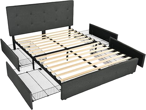 Amolife - Marco de cama de matrimonio con 4 cajones y cabecera y