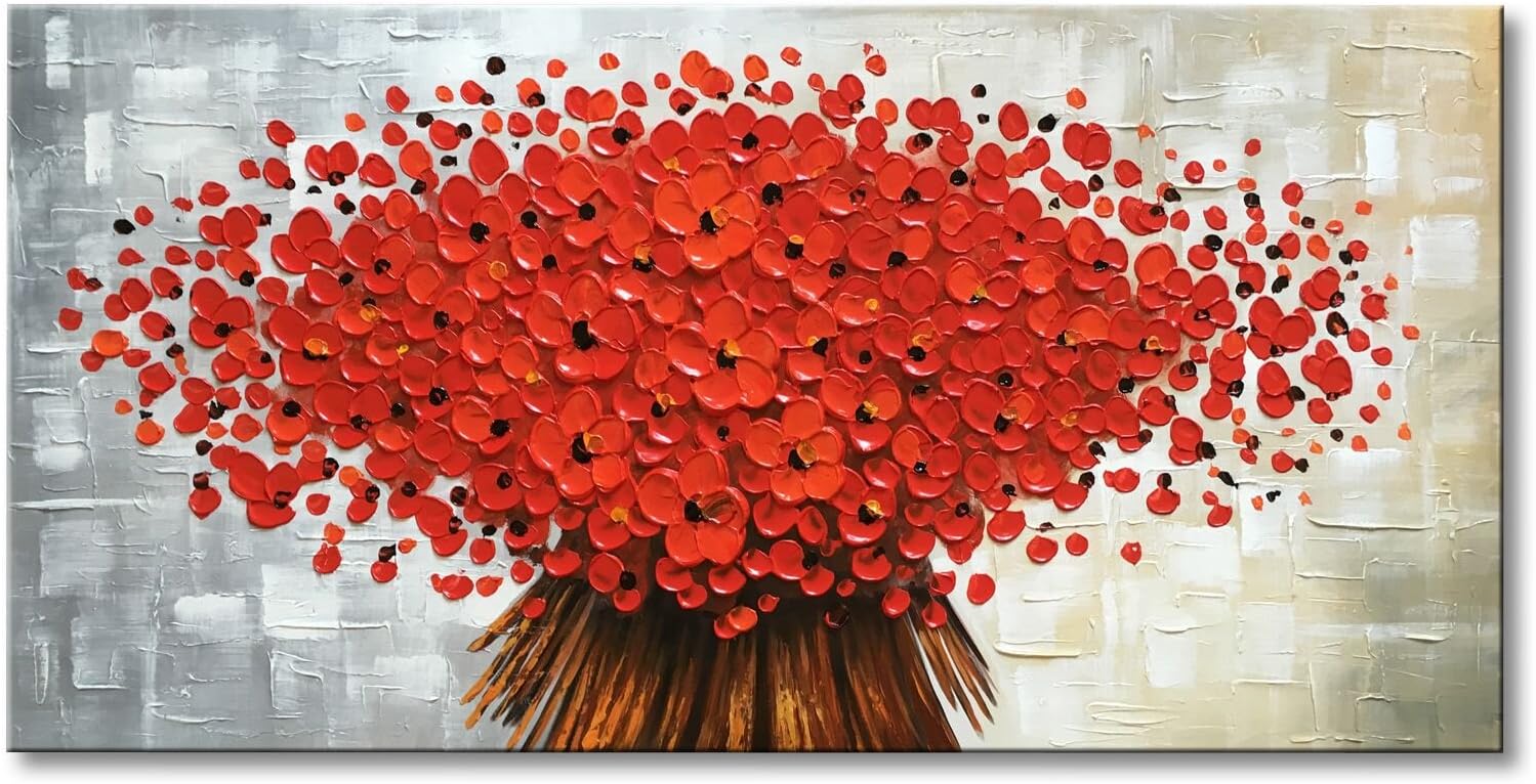 Paintings - Winpeak Art Hand Painted Abstract Canvas Wall Art Modern Textured Red Flower Oil Painting Contemporary Artwork Floral Decor Stretched And Framed Ready to Hang for Living Room (40
