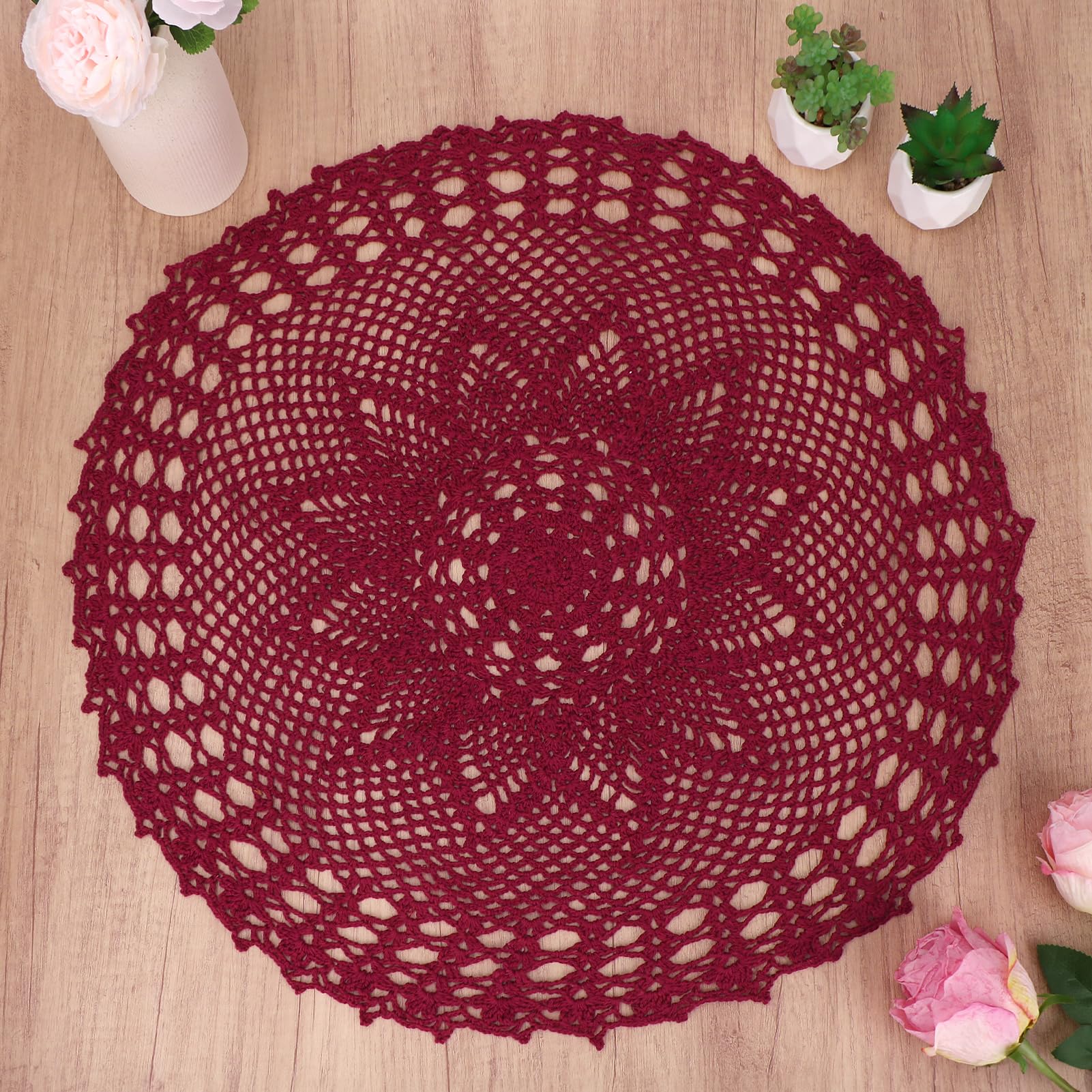 kilofly Handmade Crochet Cotton Lace Table Sofa Doily, Waterlily, Red, 22 inch