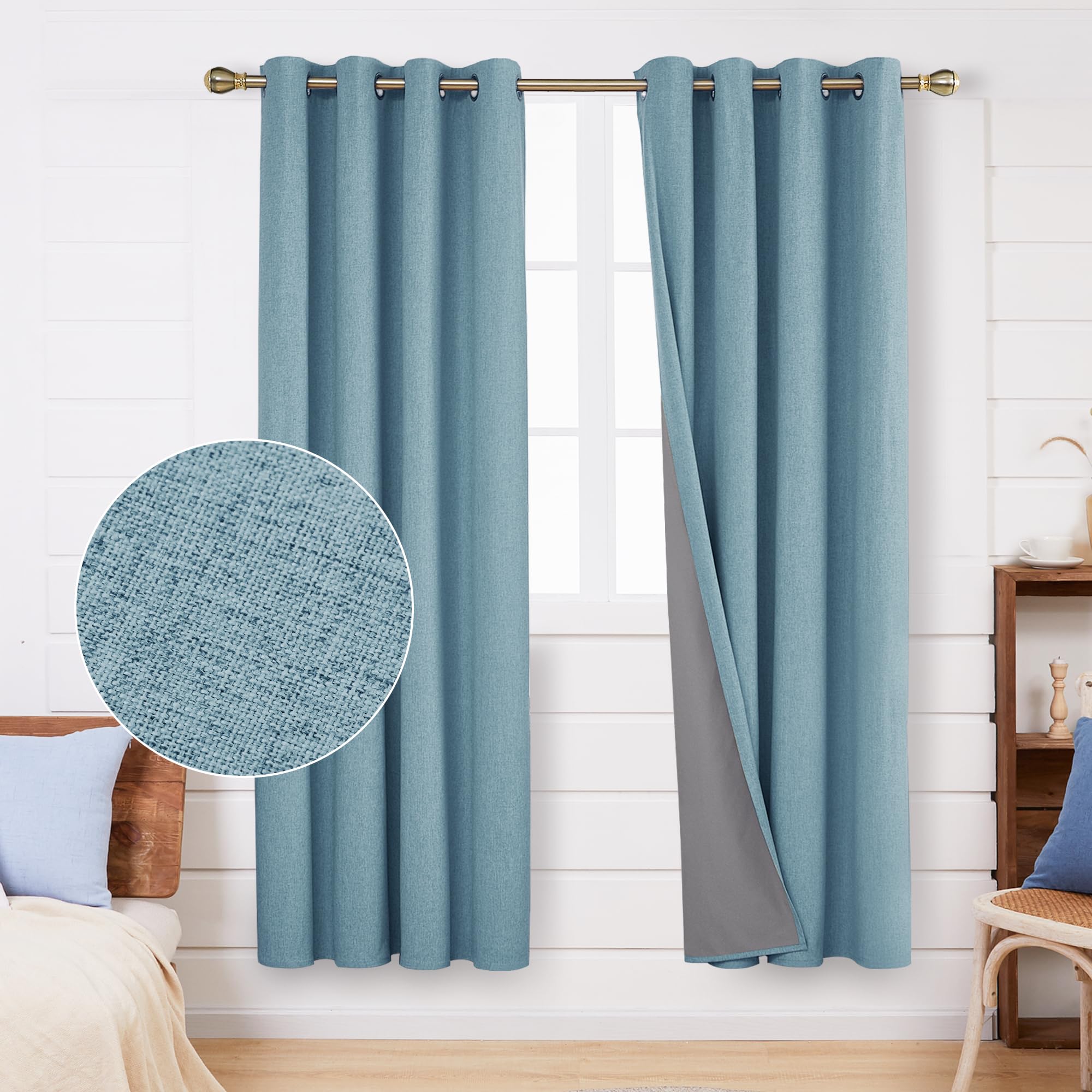 Deconovo Linen Look Window Treatment Thermal Insulated Ring Top Bedroom Blackout Curtains with Coating Back Layer for Girls 46 x 72 Inch Blue Grey Set of 2