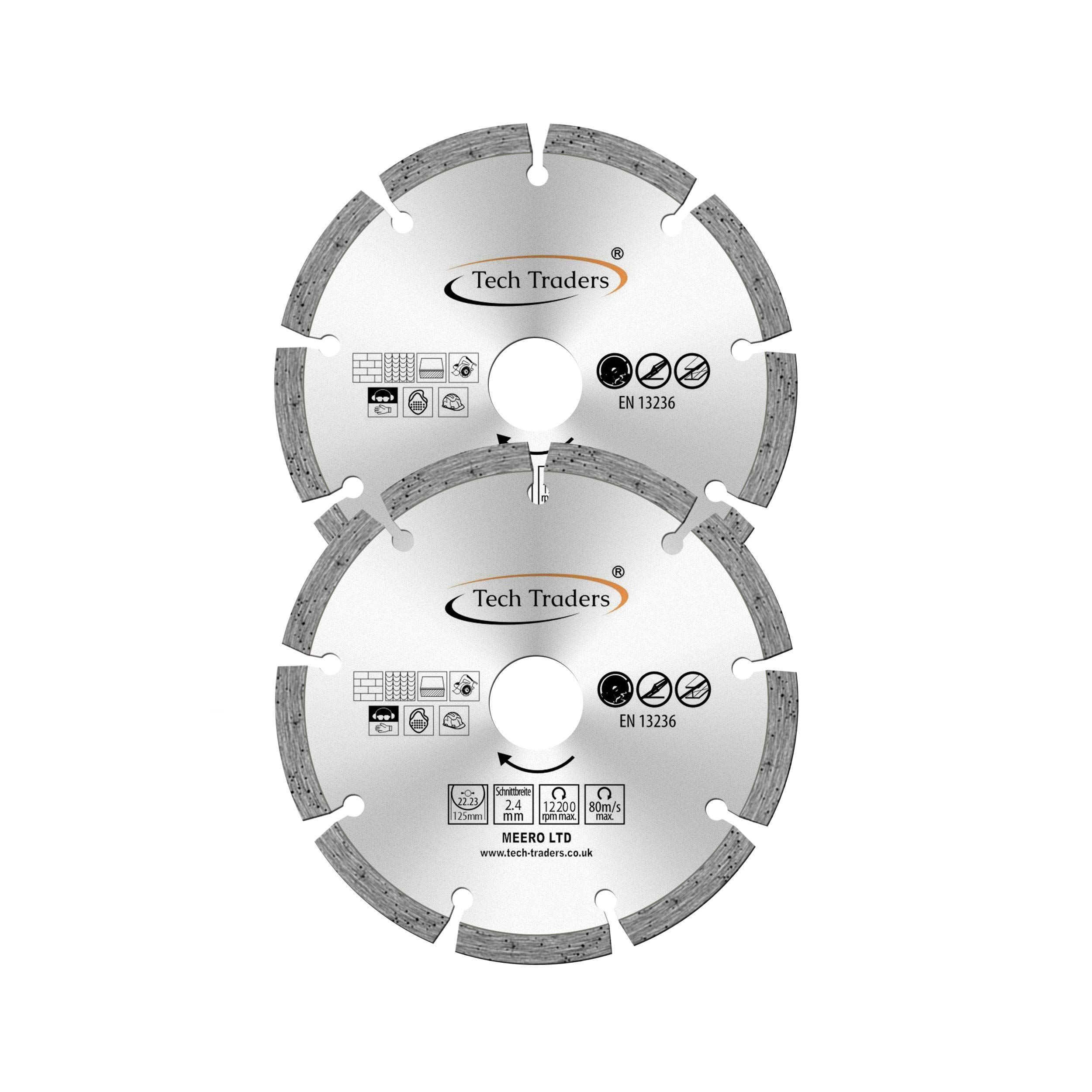 Tech Traders Diamond Cutting Disc 125 x 22.2 mm Saw Blade for Angle Grinder Universal use-Stone, Brick, Masonry,Concrete 12200rpm Max (2 Pack)