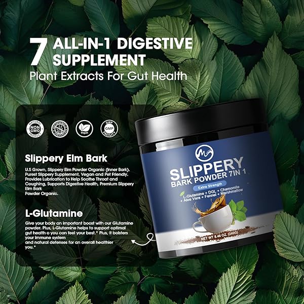 SLIPPERY ELM, ORGANIC SLIPPERY ELM BARK POWDER WITH L-GLUTAMINE, DGL, CHAMOMILE, ALOE VERA, FENNEL, MARSHMALLOW, NATURAL HERBS FOR SOOTHING THROAT & DIGESTIVE SUPPORT, 40 SERVINGS
