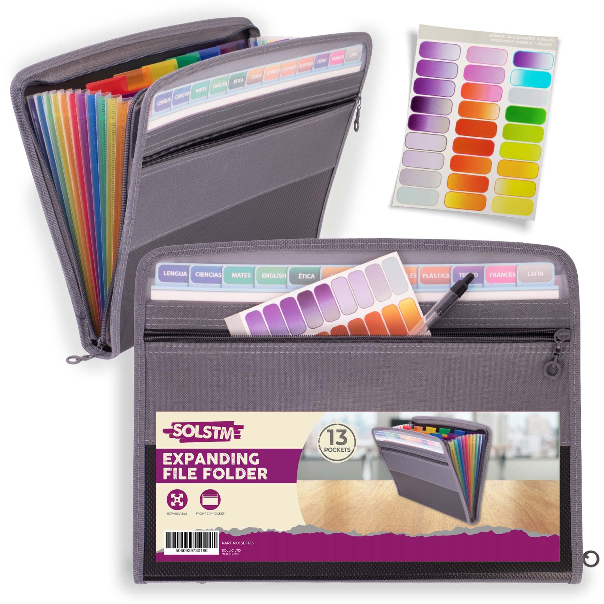 SOLSTM 13 Pocket File Organiser - Expanding File Folder with Zipper Closure, Extra Front Pocket & Colourful Sticky Labels, A4 Document Folder with Waterproof Cover - Ideal for School, Home & Office