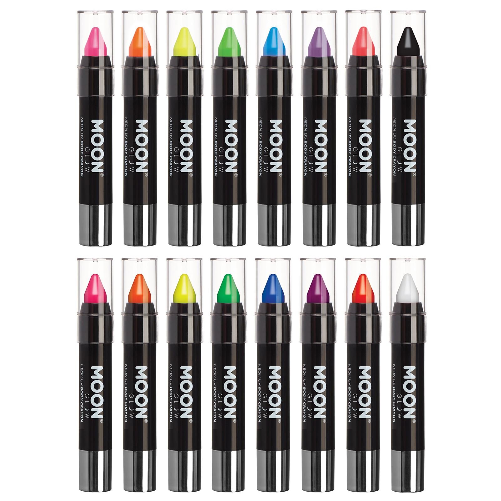 Moon Glow - Neon UV Face Paint Stick / Body Crayon makeup for the Face & Body - Pastel & Intense set of 16 colours - Glows brightly under UV lighting
