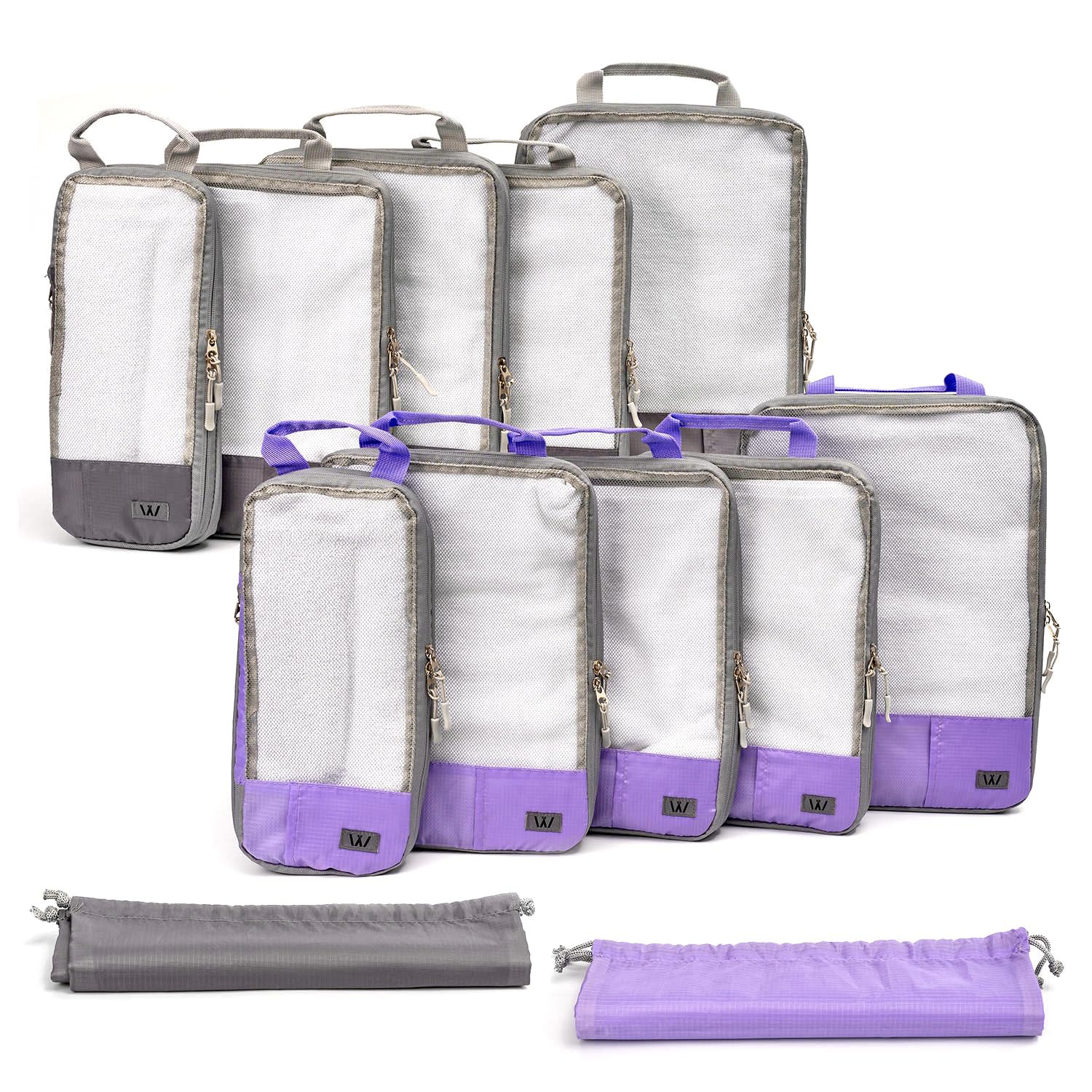 Photo 1 of 12 Pc Set Compression Packing Cubes - WONGLE His and Hers Family Travel Organizer Compressible Packing Cubes for Suitcases, Luggage Organizer Bags, Travel Accessories, Shoe Bag (Purple/Grey)