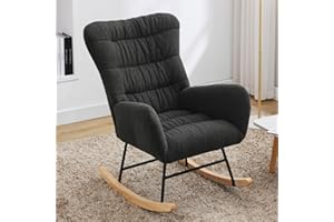 TURRIDU Modern Glider Rocking Chair Nursery, Teddy Fabric Upholstered Rocker Glider Chair with Solid Wood Base, Comfy Wingback Accent Side Armchair for Nursing, Living Room, Bedroom, Dark Grey