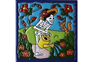 FINE CRAFTS & IMPORTS 6x6 Morning Gardening. Day-of-The-Dead Clay Tile