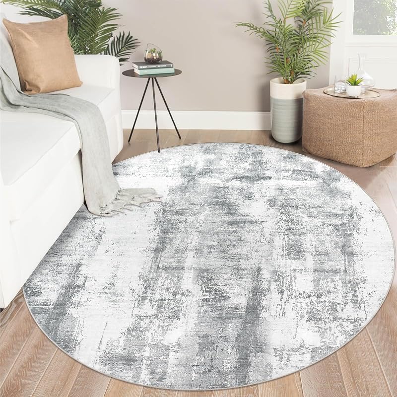 Famibay Round Rug 150cm Grey Abstract Thin 5mm Non Slip Washable