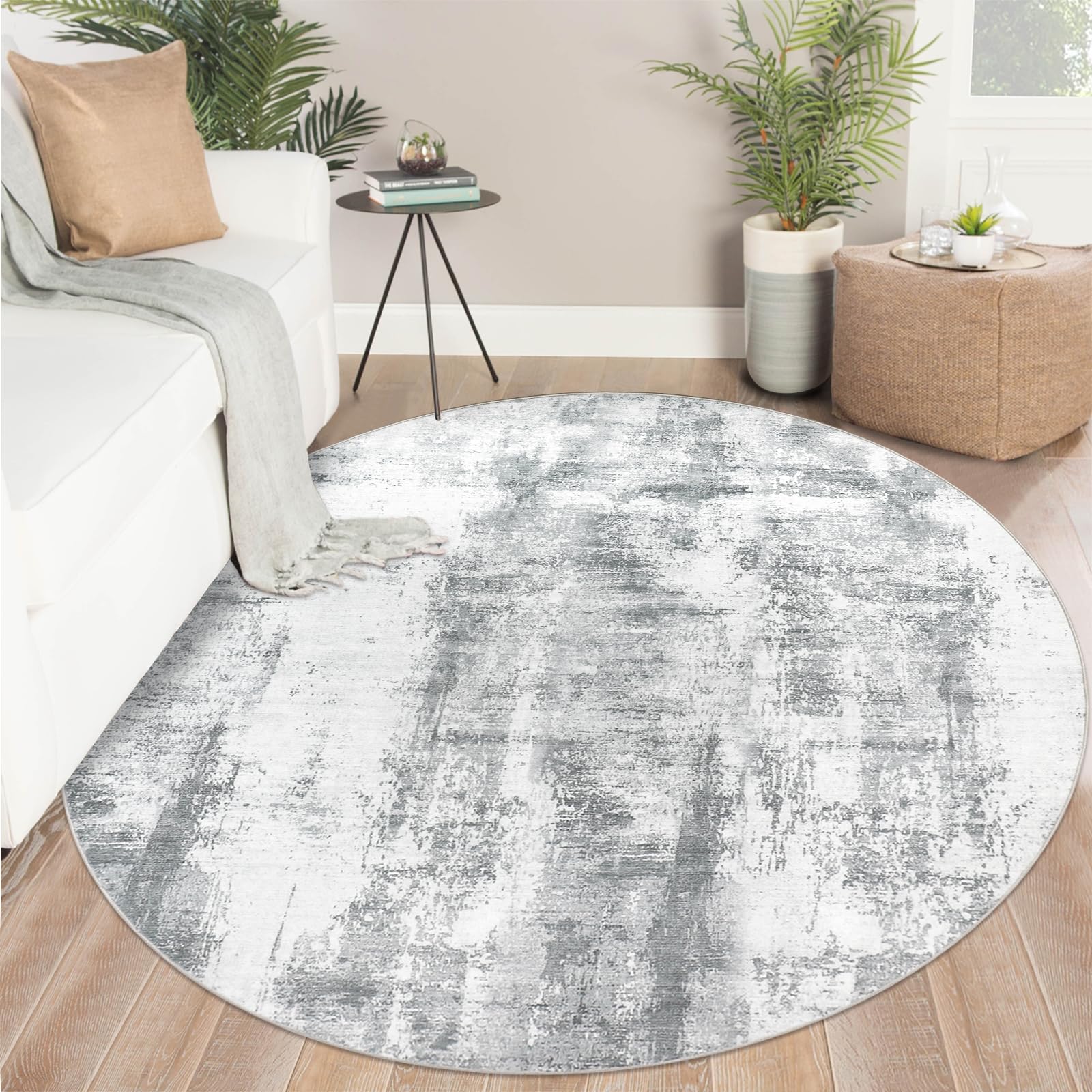 Famibay Rugs Living Room Round 150cm Modern Abstract Grey Washable Circle Rugs Bedroom Round Area Rug Short Pile 5mm Thin Anti Slip Carpet for Dining Room Kids Room Hallway
