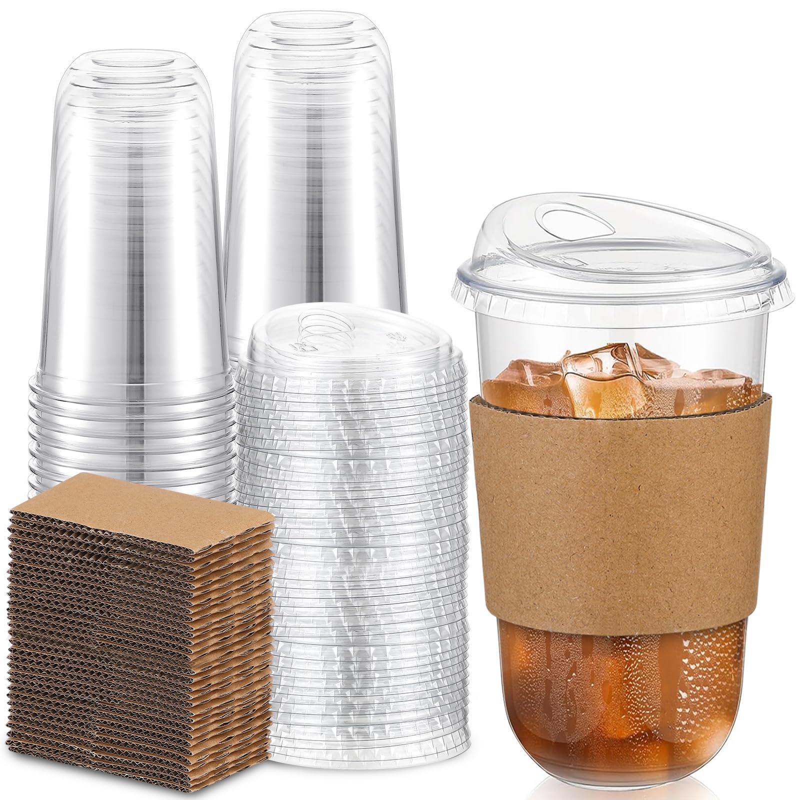 Photo 1 of Baderke 50 Sets Clear Plastic Coffee Cups with Sip Lids and Cup Sleeve, Disposable Clear Pet Cups for Iced Coffee Cold Beverage, Shops and Party Catering (18 oz)