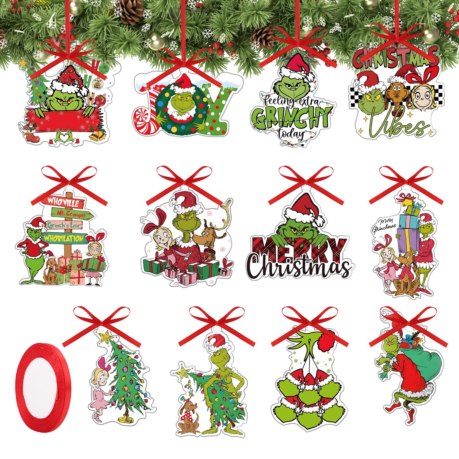 Photo 1 of 12 Pcs Christmas Tree Decorations, Cute Christmas Clear Acrylic Ornaments Set with Red Ribbon, for Indoor, Stocking Name Tags, New Year Party, Xmas Crafts Hanging Tags, Christmas Decorations Gifts