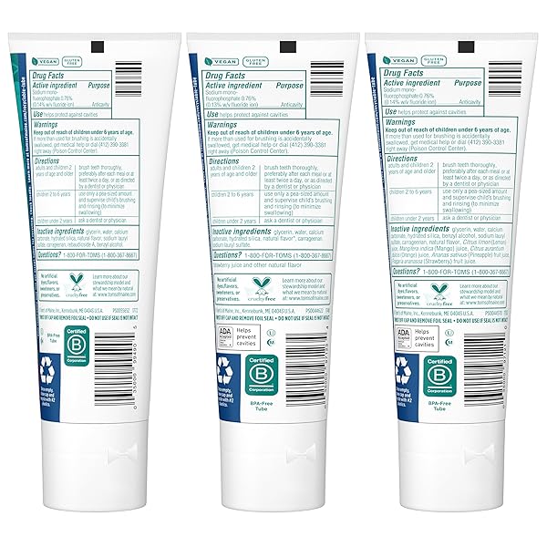 TOM’S OF MAINE ANTICAVITY KIDS NATURAL TOOTHPASTE VARIETY PACK, STRAWBERRY, ORANGE MANGO, WATERMELON FLAVORS, KIDS TOOTHPASTE WITH FLUORIDE, SAFE FOR AGES 2 AND UP, 5.1 OZ (PACK OF 3)