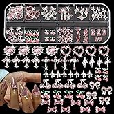 ZUMILLMN 52PCS Pink and Silver Metal 3D Nail Charms Bulk, Bow, Heart, Cherry, Cross and Star Charms for Nails-Shiny Nail Rhinestones for Nail Art, Manicure, DIY Jewelry Making