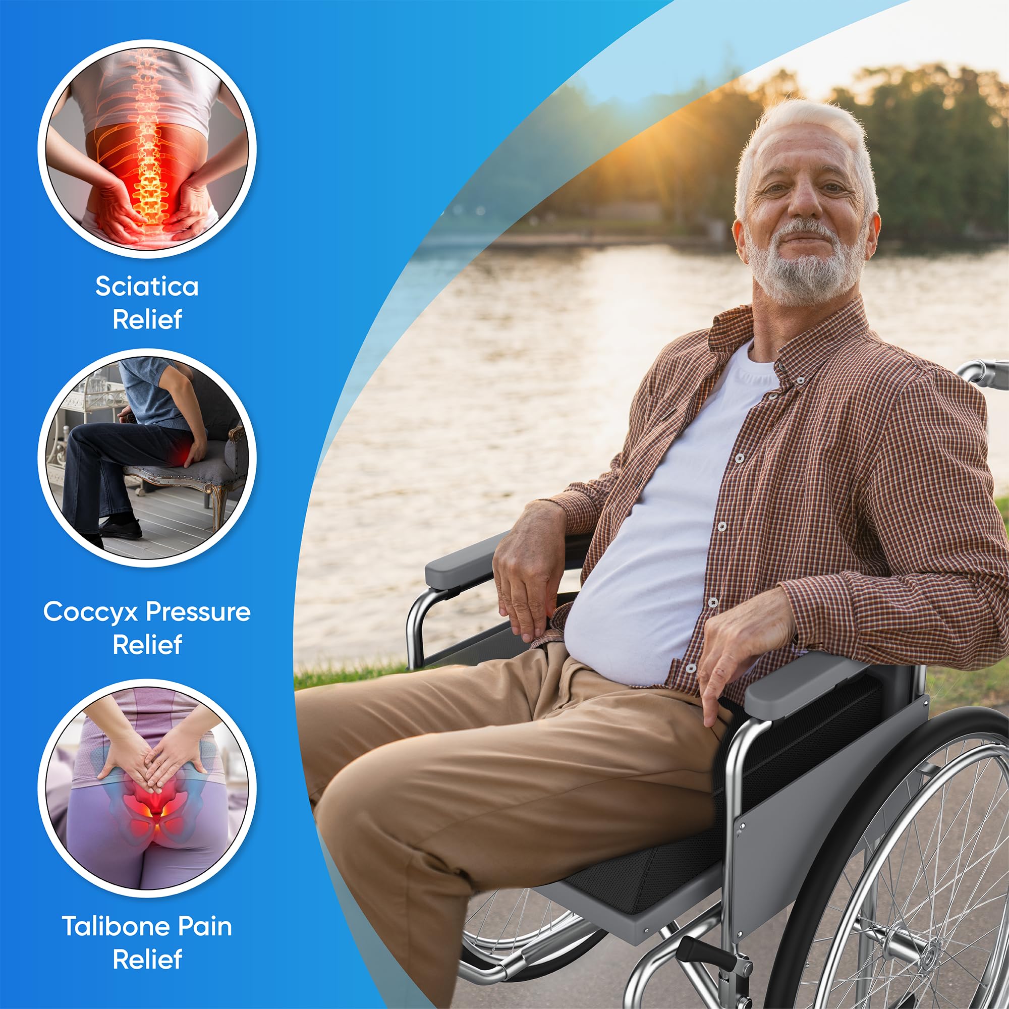 Wheelchair Cushion for Pressure Relief - (2-Piece Set) 18”x16” Anti-Slip Wheelchair Seat Cushions for Adults, Seniors with Lumbar Pillow and Removable Strap, Gel Cushion for Wheelchair