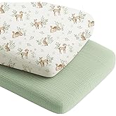 Konssy 2 Pack Muslin Bassinet Sheets for Boys, Girls, 100% Cotton Soft Breathable Fitted Bassinet Mattress Sheet, 33 x 21 inches (Woodland,Sage)