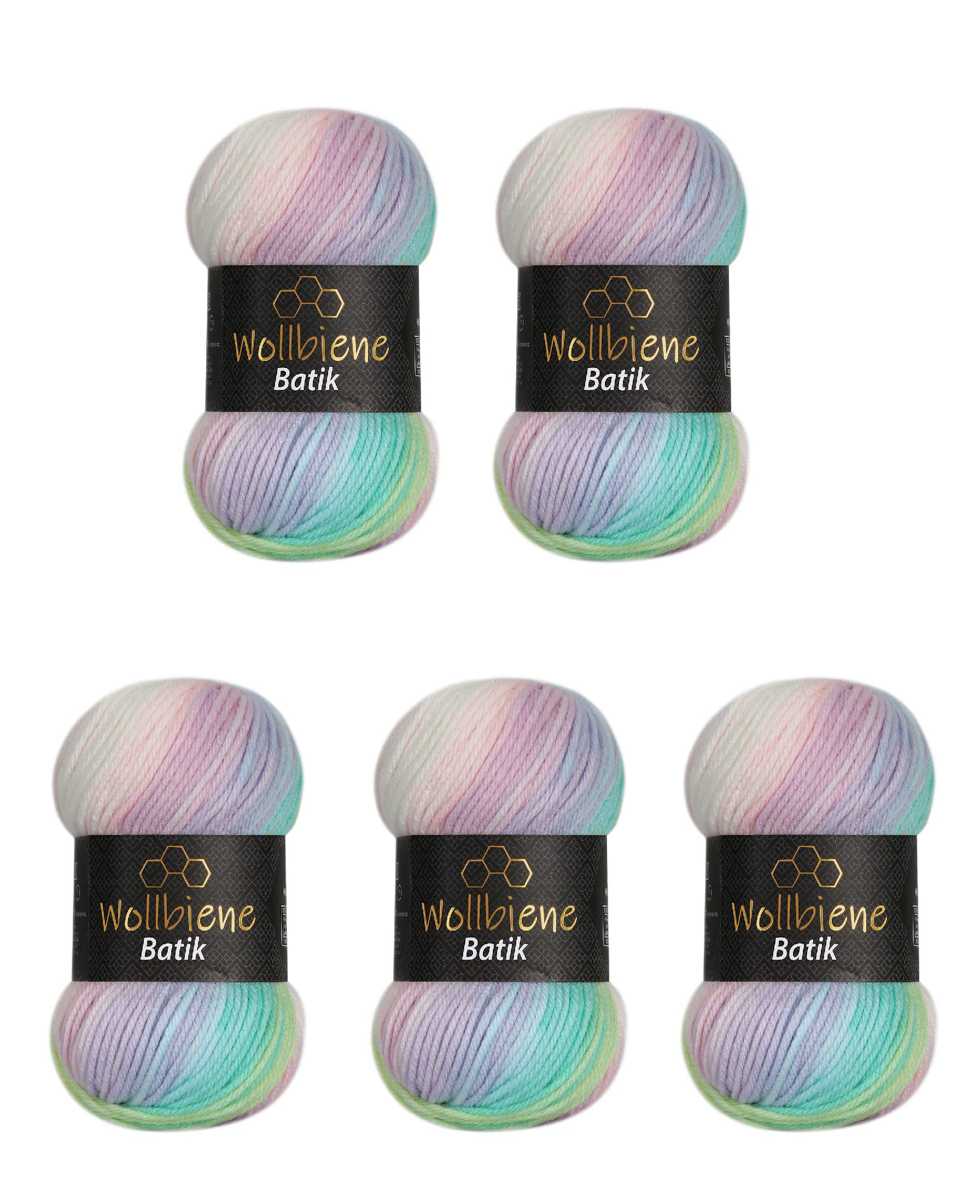 5 x 100 g Wollbiene Batik, 500 g Wool with Colour Gradient, Multicoloured Knitting Wool, Crochet Wool (2010 Green, Pink, White, Pastel) — image 1