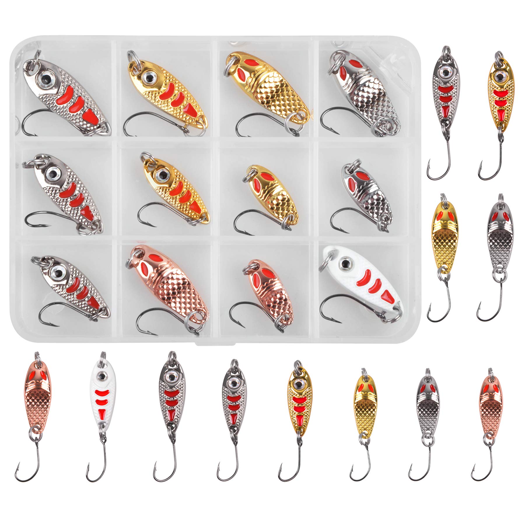 Trout Fishing Spoons Lure Kits-12pcs/set Fishing Spinners Kit Hard Metal Baits Single Hook with Plastic Box for Trout, Char Pike and Perch Fishing Accessories (SET B)