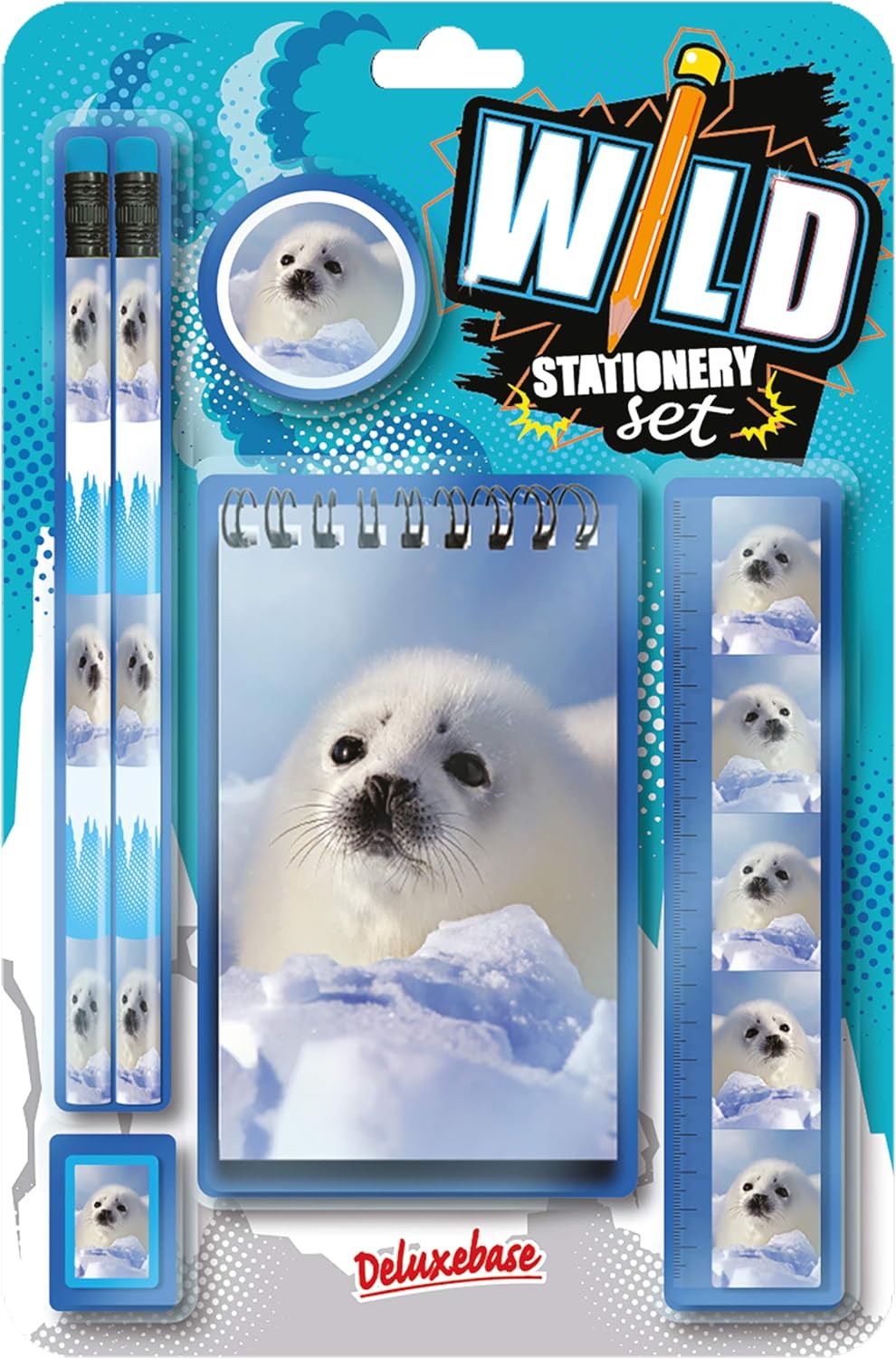 Deluxebase Wild Stationery Set, Baby Seal, 6 Piece School Supplies Set including Notebook, 2 Pencils, Ruler