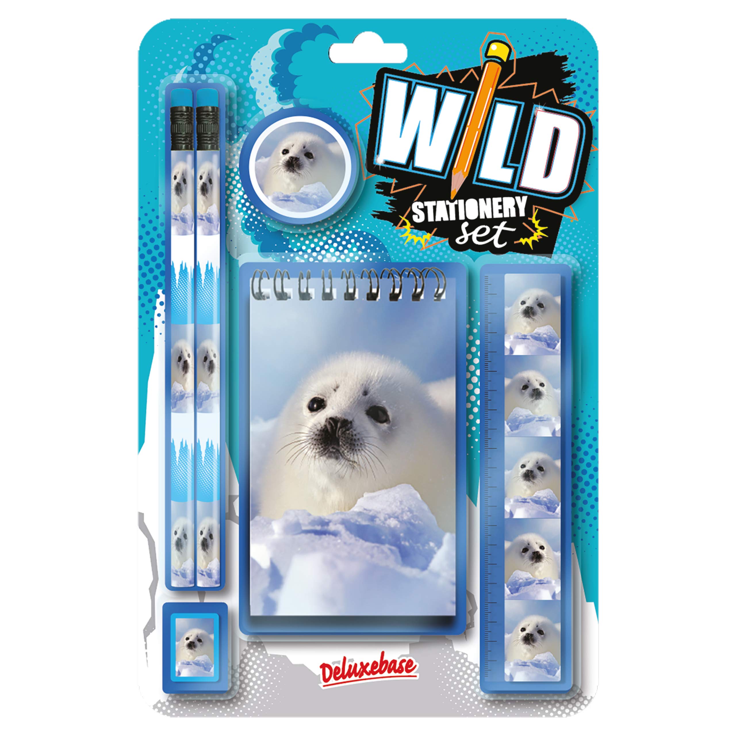 Deluxebase Wild Stationery Set โ Baby Seal, 6 Piece School Supplies Set including Notebook, 2 Pencils, Ruler, Pencil Eraser and Sharpener, Fun Animal Stationery Gifts for Kids and Students. โ image 1