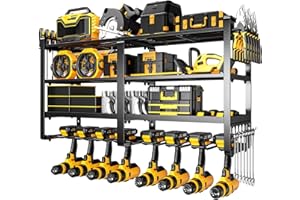 POKIPO 33" W Large Power Tool Organizer Wall Mount Loads 400 lbs, Heavy Duty 4-Tier 8 Drills Holder, Cordless Tool Storage Battery Shelf, Utility Racks for Garage Workshop Shed, Gifts for Men Husband