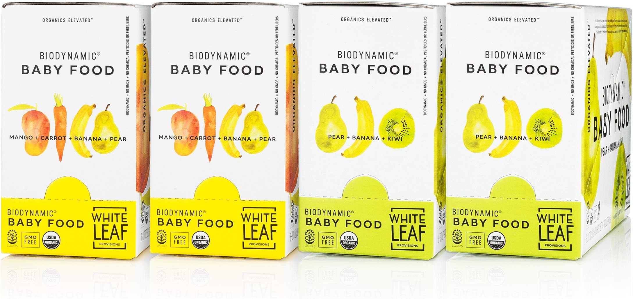 White Leaf Provisions’ — 90g. 24 Pouches of Biodynamic Organic Baby Food Variety Pack – Mango + Carrot + Banana + Pear AND Pear + Banana + Kiwi — Unsweetened Baby Food — For Babies and Toddlers