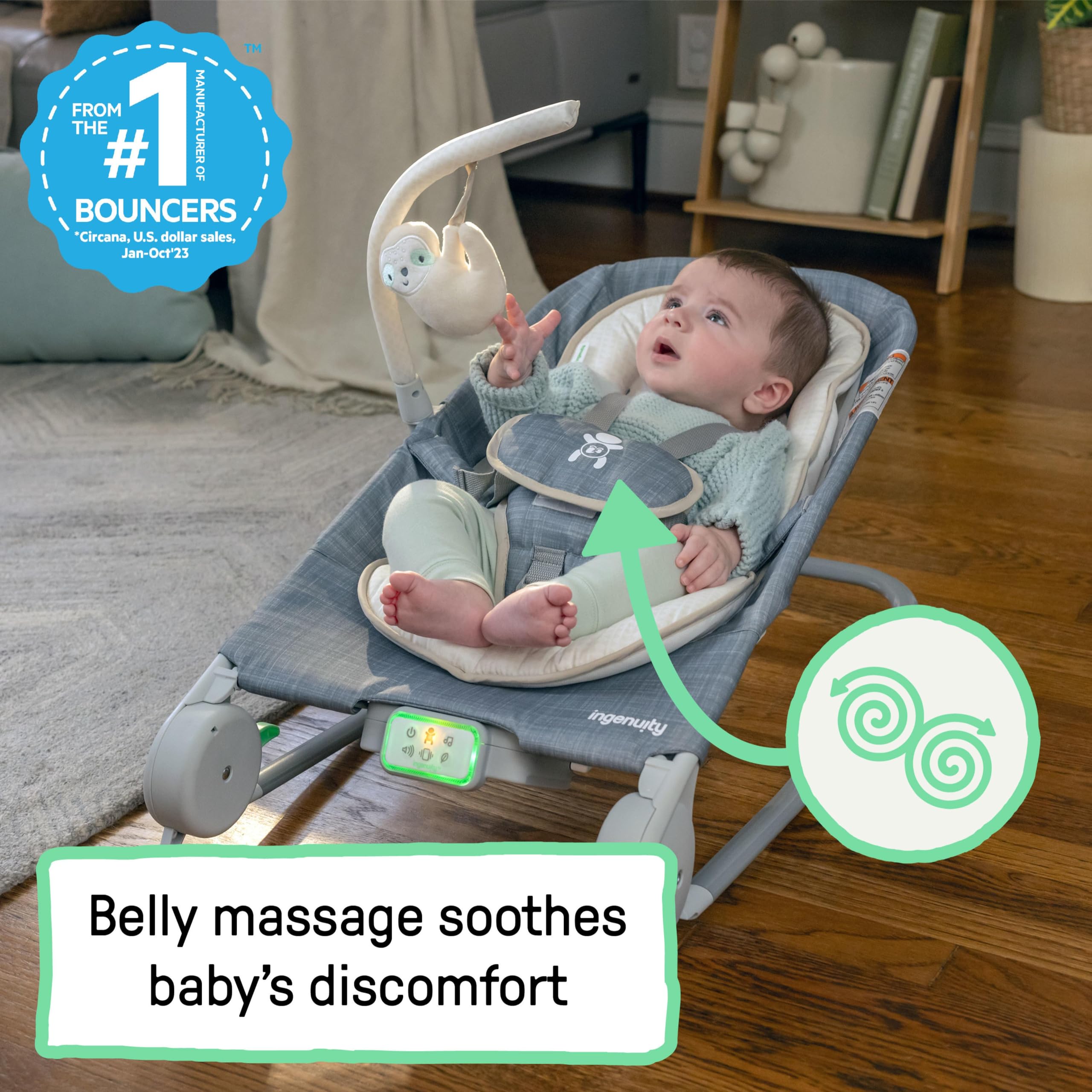 Ingenuity Gas Relief and Anti-Colic Baby Bouncer Seat and Rocker, Gentle Belly Message to Relax and Soothe Bellies, Instant Tummy Soother, 20 Songs and Melodies – Parker