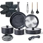 Chef Power Ceramic Cookware Set, 19 PCS Detachable Non Stick Pots and Pans | PFAS PFOA &amp; PTFE Free, Stackable Space Saving, Induction Compatible, Oven &amp; Dishwasher Safe, RV, Camping Cooking, Stone Black