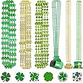 Whaline 18Pcs St. Patrick's Day Bead Necklaces and 30Pcs Shamrock Tattoo Stickers Green Gold Pendant Necklaces Bundle for Irish Holiday Party Costume Accessories